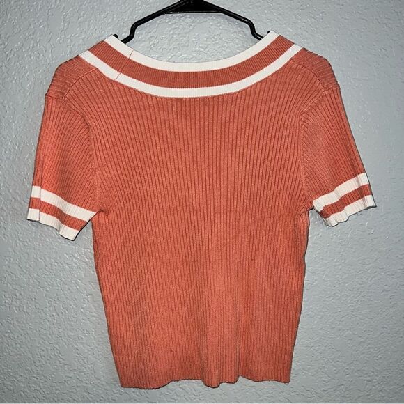21 Main Womens V-Neck Short Sleeve Knitted Rib Pullover Cropped Top Orange Large - Picture 3 of 6